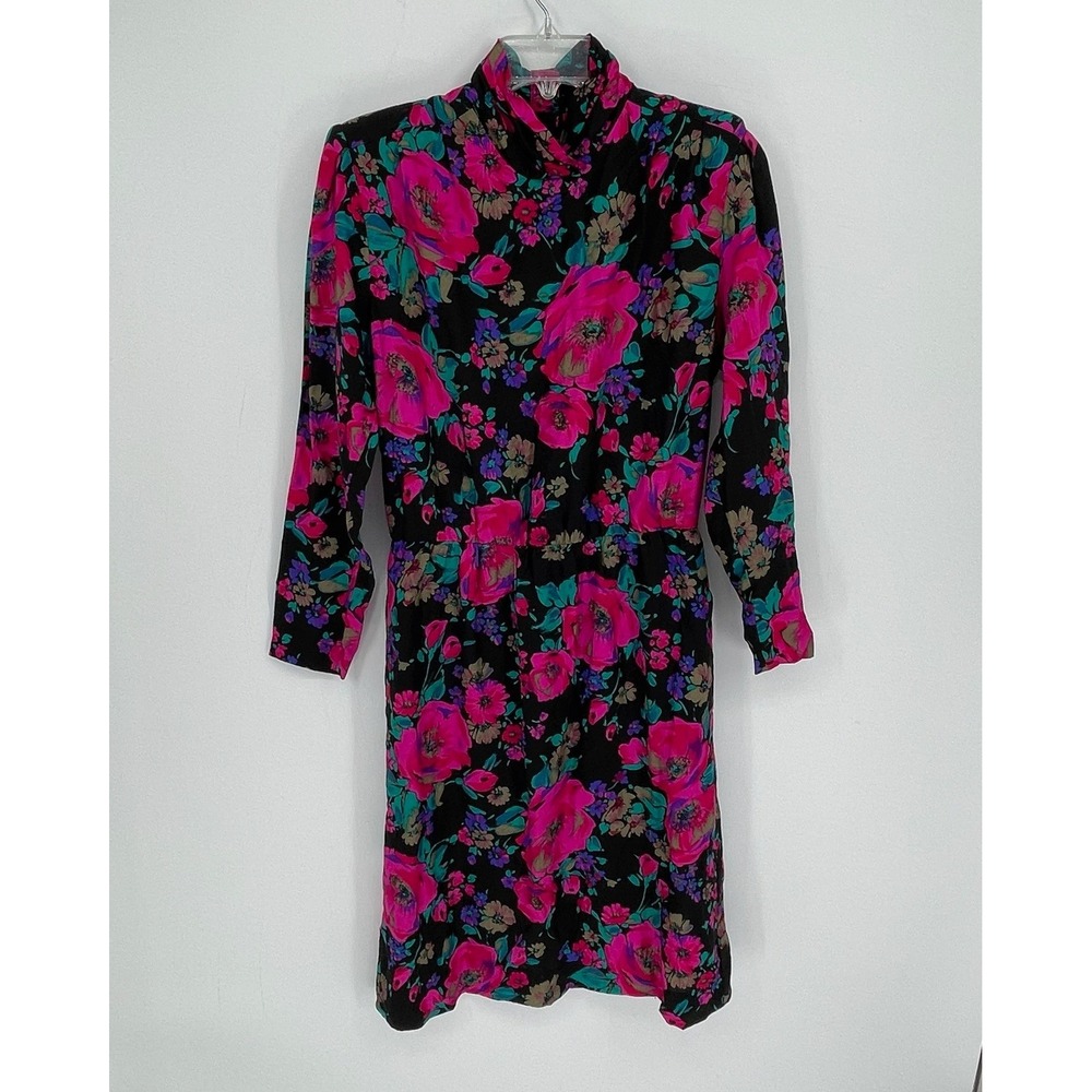 Kay Windsor Women's Vintage Black Pink Floral Long Sleeve Midi Dress Size S